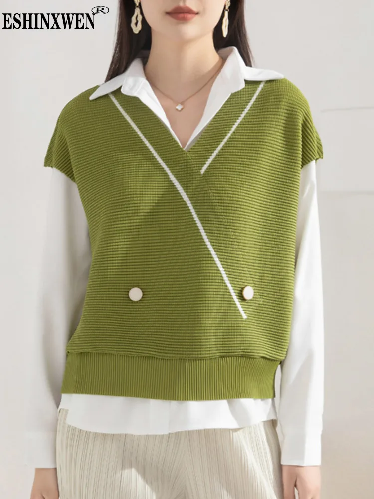 

Ehsin Contrasted Color Short Sleeve V Neck Pleated Tops Shirt For Women 2023 Summer Fashion Female New Blouse Clothing TH2008