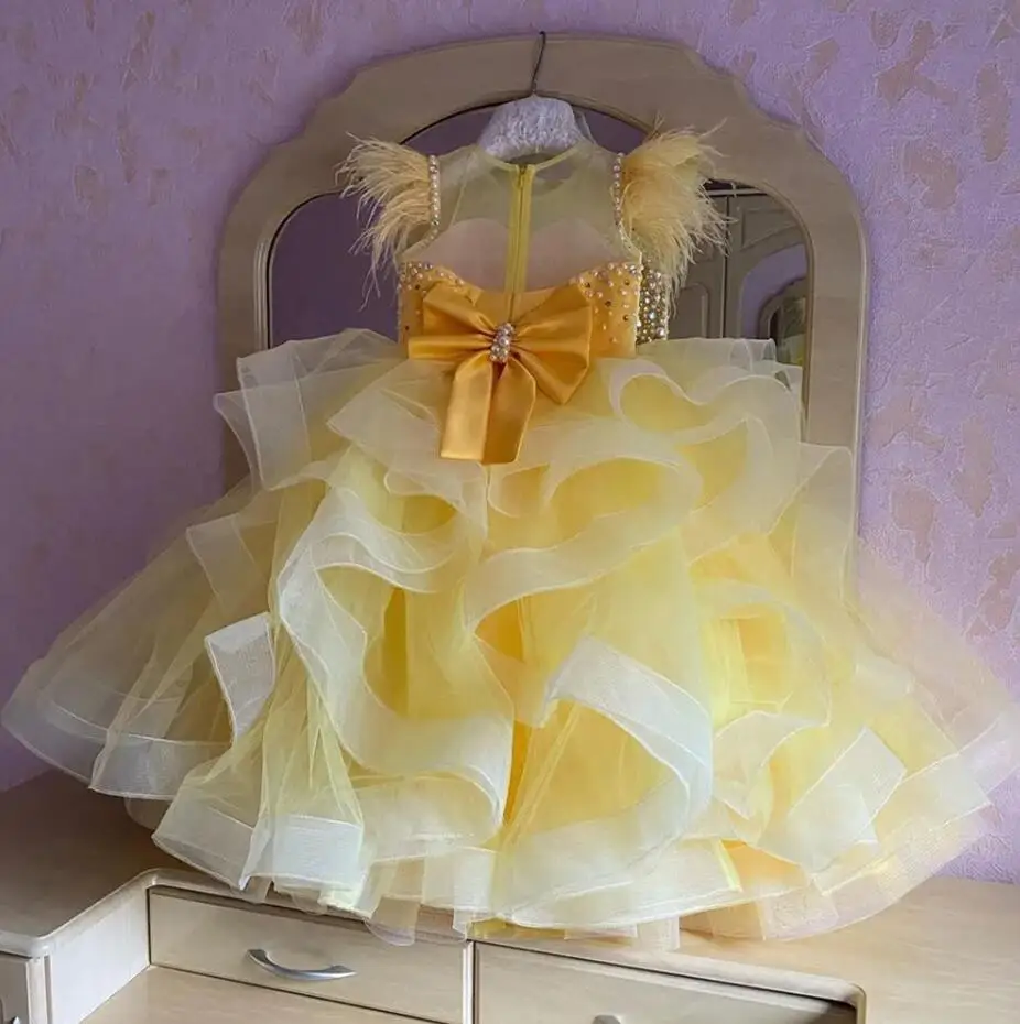 

Yellow Organza Customise Girls Birthday Gown Beading Pearls Tulle Handmade Flower Girl Dress First Communion Dress New Year