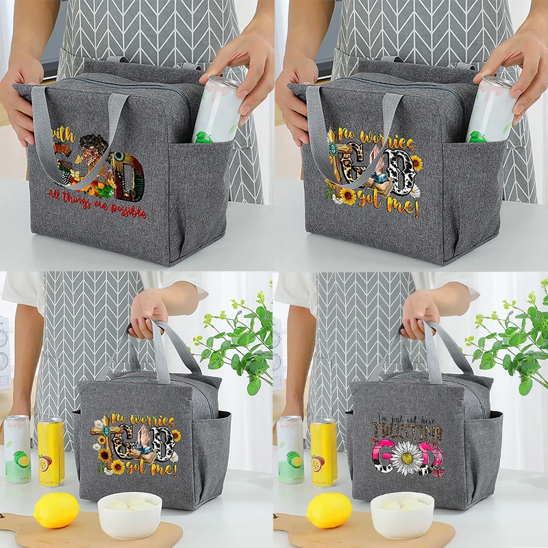 GOD Letter Printed Insulated Lunch Bag with Built-in Waterproof Refrigerated Ice Bag and Large Capacity Commuting Storage Bag