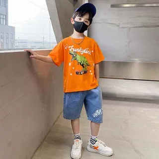 

Boys Summer Short Sleeve Clothing Sets 2023 New Fashion O-Neck Dinosaur Print Top With Jeans 2 Piece Suit Outfit Clothes 110-160