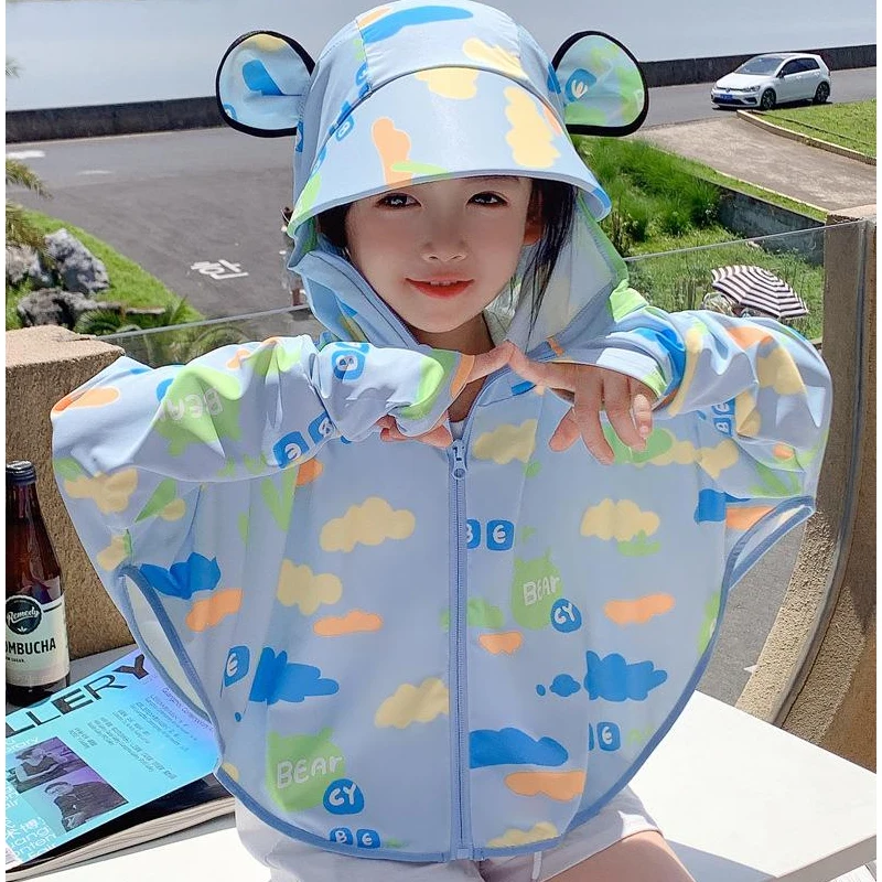 Children Skinsuits Ice Silk Summer UV Proection Boys Girls Breathable Hooded Jacket For Outdoor Hiking Trekiing Beach Travel