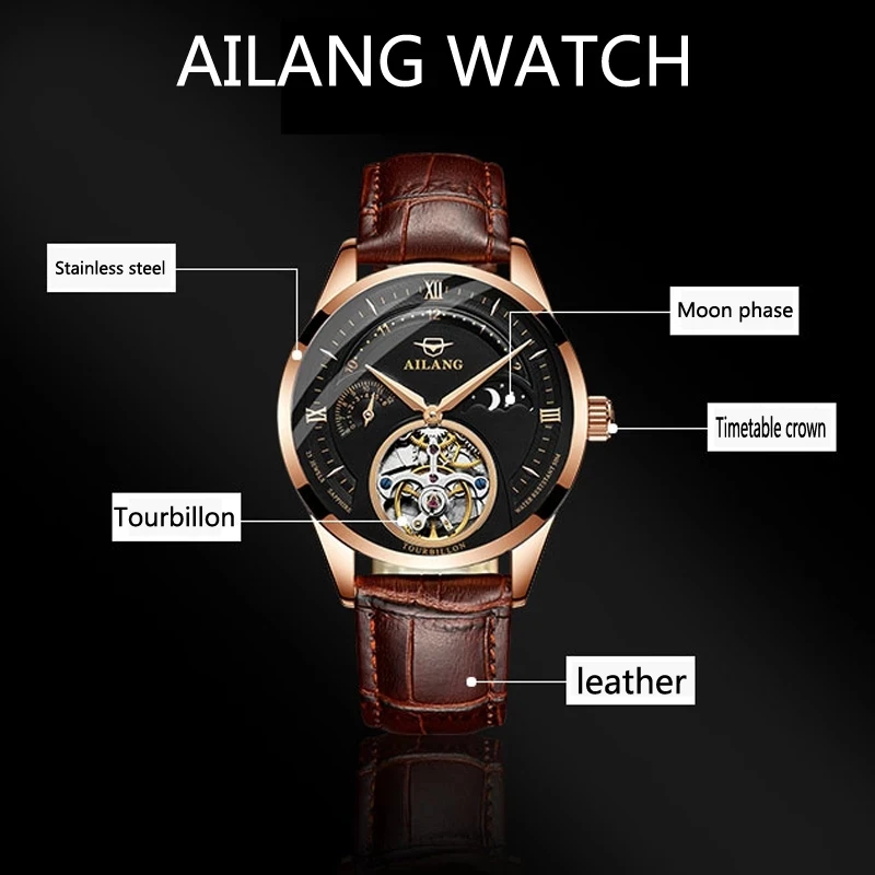 AILANG Luxury Brand Mechanical Watch Watches Fashion Rose Gold Case Tourbillon Watch 2024 New Men Watch Waterproof Reloj Hombre
