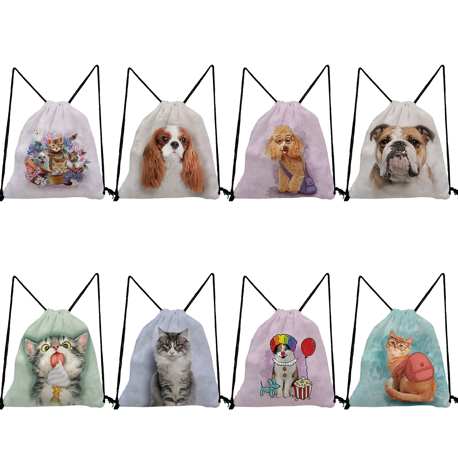 

Drawstring Bags For Teenage Eco Reusable Travel Portable Cartoon Cat Dog Ink Painting Backpack Cute Animal Printed Softback Bag
