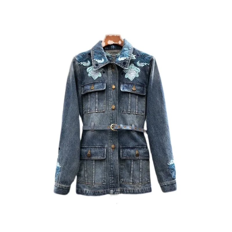 

High Quality Denim Coats 2023 Spring Jacket Women Turn-down Collar Exquisite Embroidery Floral Long Sleeve Casual Jeans Coat
