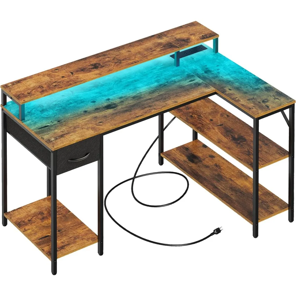 

Gaming Desk with LED Lights & Power Outlets, Reversible Computer Desk with Shelves & Drawer, Corner Desk Home Office Desk