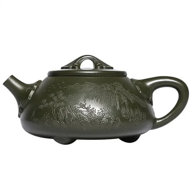 Yixing original mine green clay handmade carved purple clay teapot Landscape Ruyi Stone Ladle Purple Sand Pot Chinese teapot