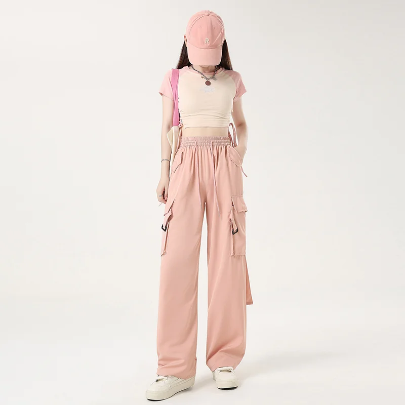 

Womens Pink Casual Pants Solid American Vintage Baggy High Street Streetwear Black Straight Tube Female Wide Leg Sports Pants