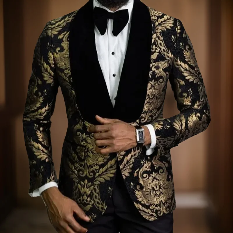 

Floral Jacquard Men's Blazer for African Fashion Slim Fit Male Suit Smoking Jacket with Velvet Shawl Lapel for Wedding Groom