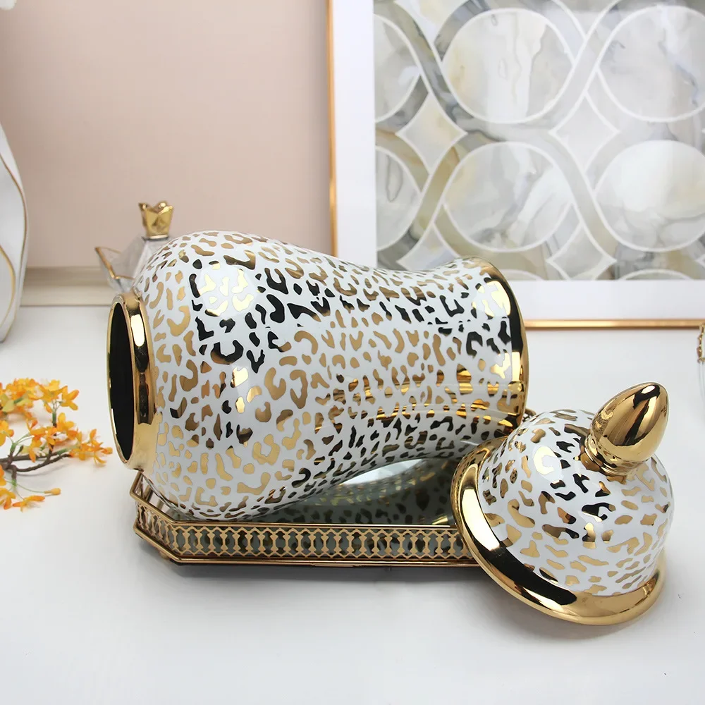 Gold Leopard Print Ceramic Jar General Jars Ginger Storage Porcelain Handicraft Ornaments Home Decoration Vases Pots 4