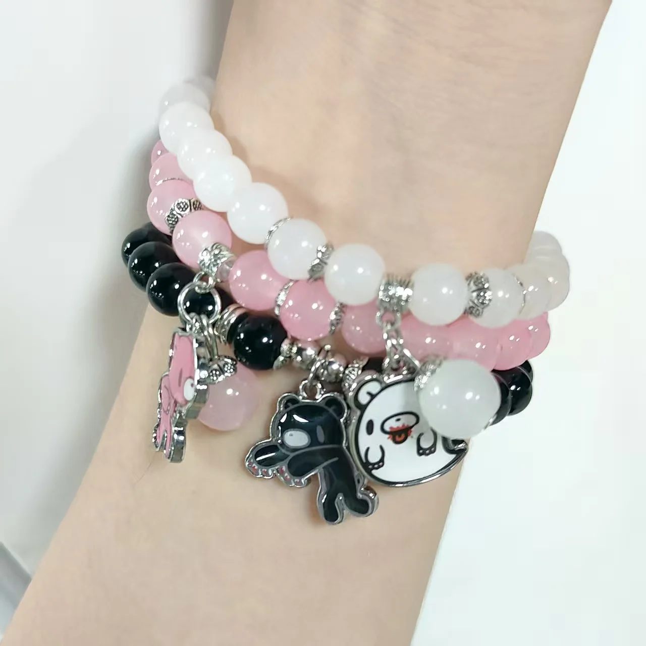 Chic Multi-Colored Beaded Bracelet with Adorable Bear Pendants