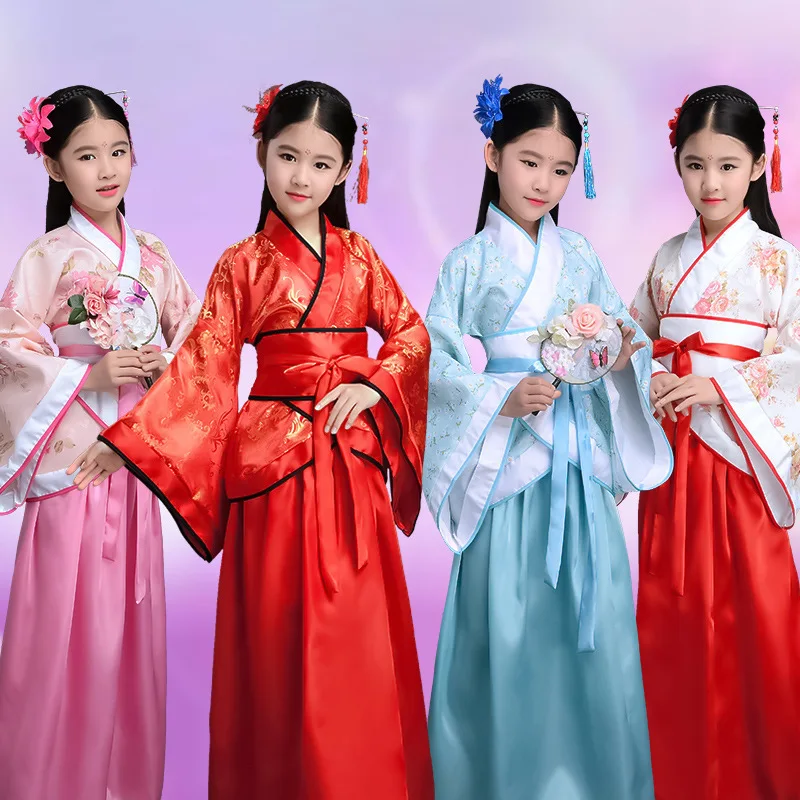 

Chinese Silk Robe Costume Girls Children Kimono China Traditional Vintage Ethnic Fan Students Chorus Dance Costume Hanfu