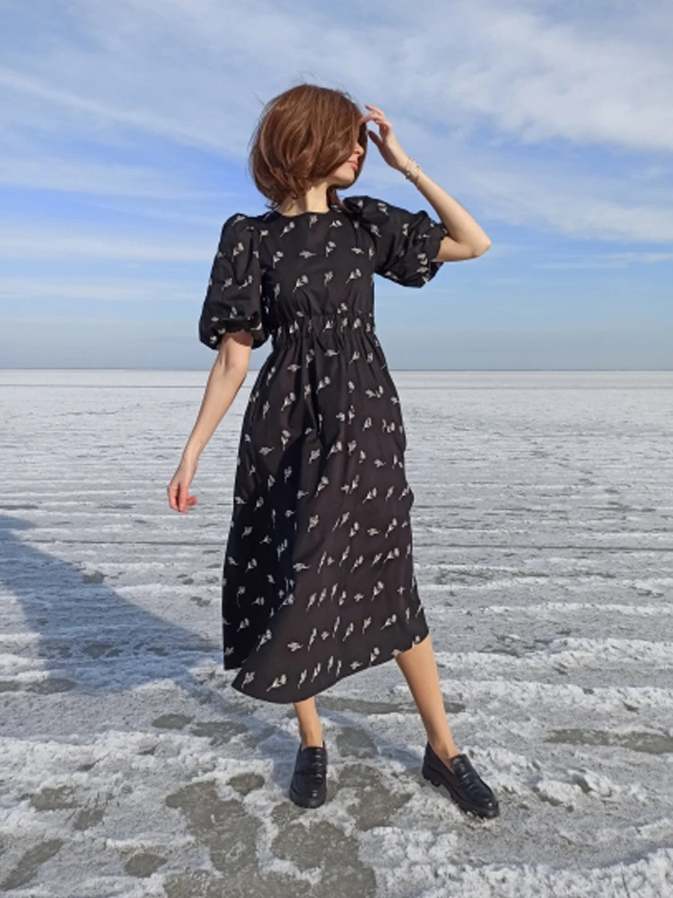 Blackbird Floral|floral Embroidery Midi Dress - Puff Sleeve