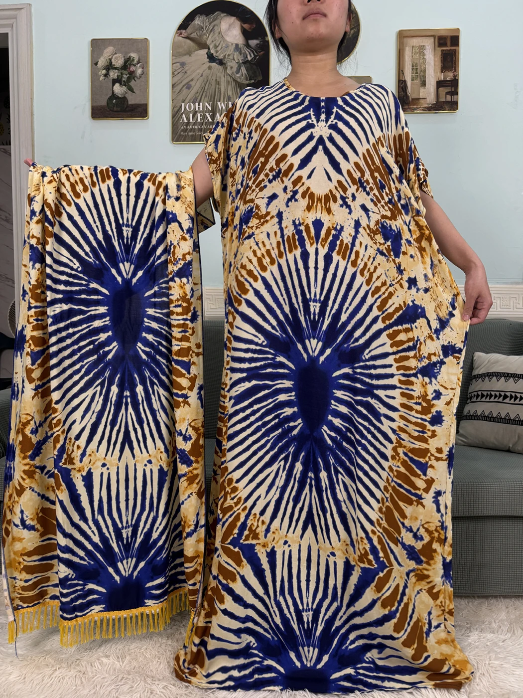 African Cotton Dresses For Women Printed Loose Femme Robe Boubou 2025 New Fashion Muslim Abayas Sets With 160x80cm Lace Scarf