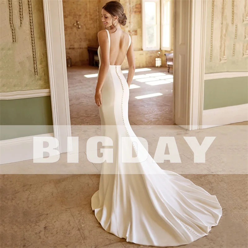 Elegant Mermaid Wedding Dresses Women Open Back Square Collar Spaghetti Straps Satin Bridal Gowns Vestidos De Noiva Customized 2