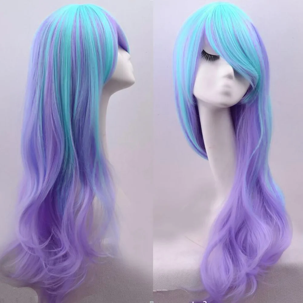 Synthetic Halloween Wig Long Wavy Cosplay With Bangs Purple Blue Ombre Costume Lolita