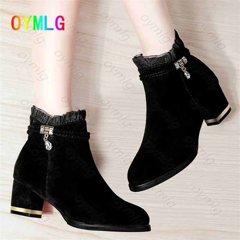 2021 spring, autumn and winter suede short boots thick heel women's boots sexy lace wild side zipper nude boots womens shoes