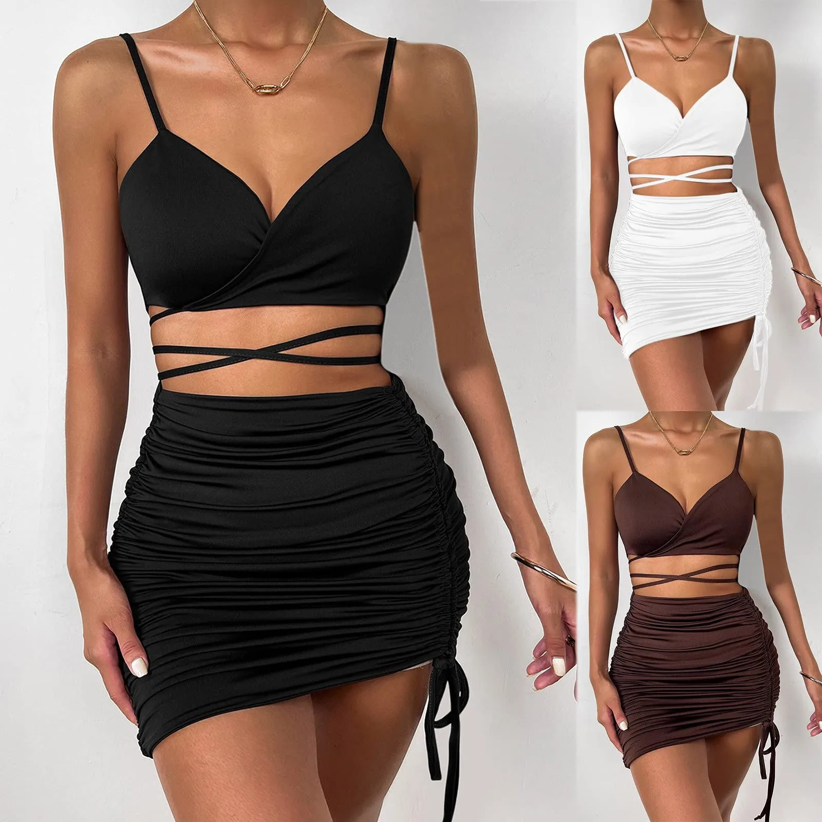 

Women Two Piece Set Summer Sexy Strap Vest Backless Crop Tops Cocktail Club Dresses Wrap Club Party Halterneck Sleeveless Skirt
