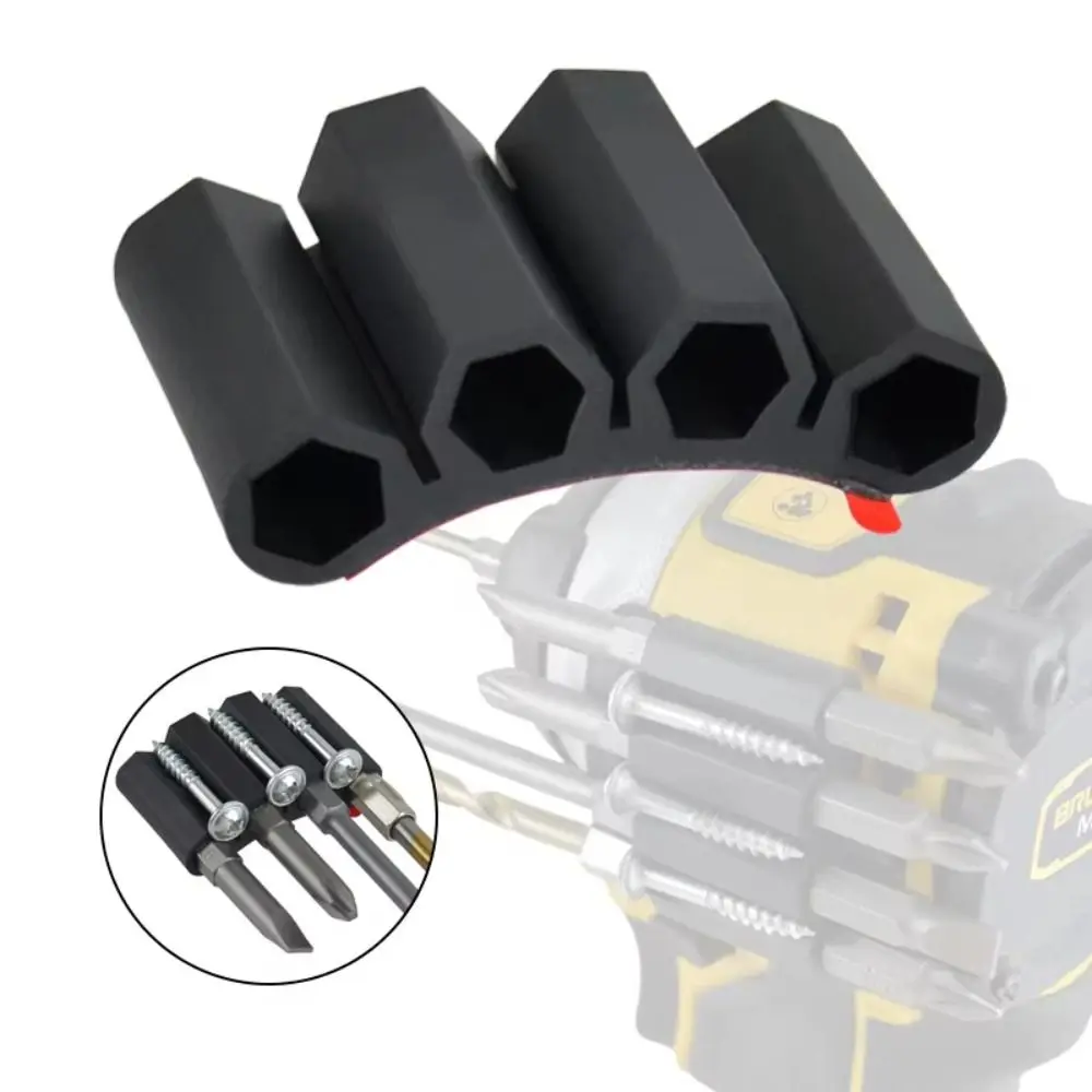 Self-Adhesive Drill Bit and Screwdriver Organizer Clip - Quick Change Black Rubber Holder with 3/4 Slots