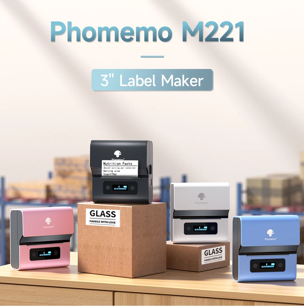 Phomemo Label Makers- Barcode Label Printer M221 3 Inch Label Maker  Bluetooth Thermal Printer for Small Business/Home Use, for Barcode,  Address, Logo
