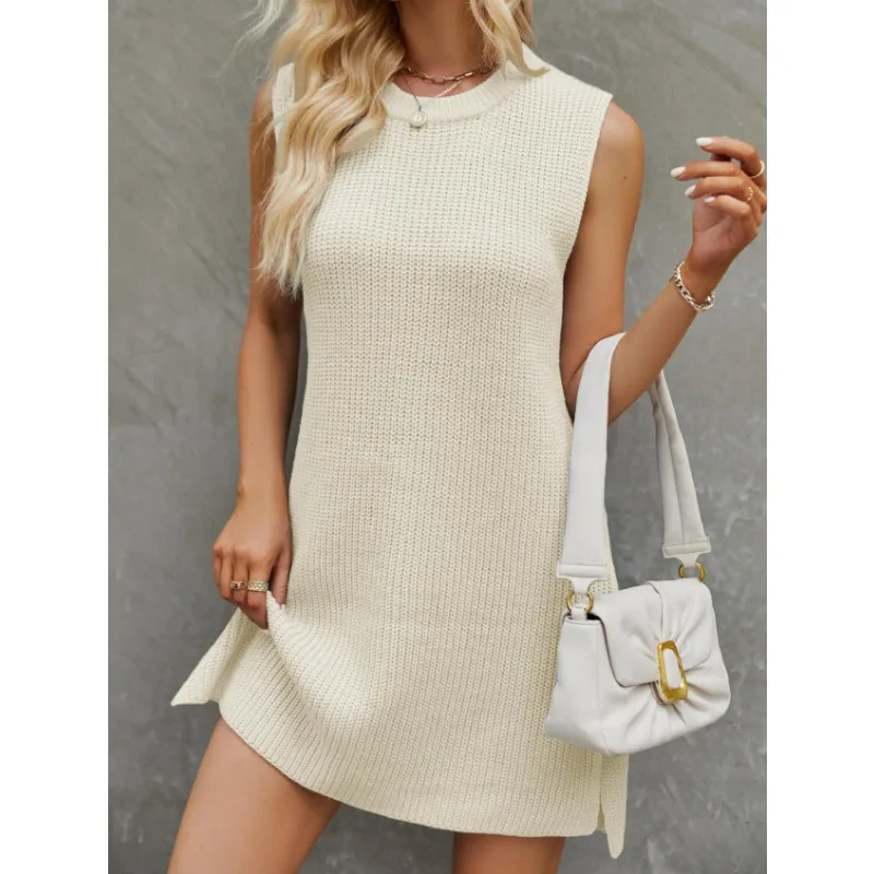 

Women's Solid Round Neck Knitted Dress Temperament Female Casual Clothing Sexy Spicy Girl Women Fashion Commuter Split Dresses