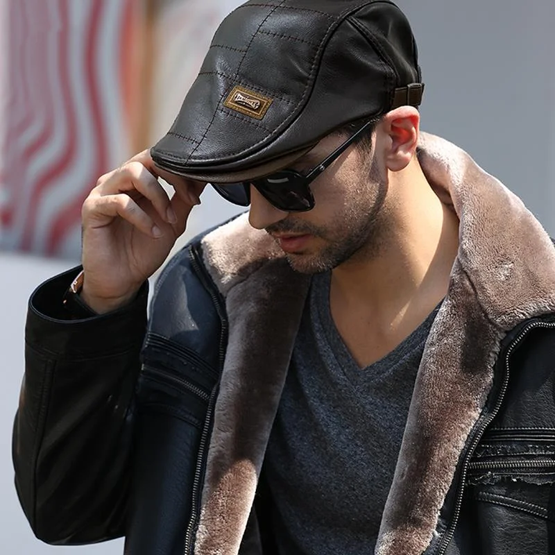 Vintage Men Beret Hat Leather Flat Cap Adjustable