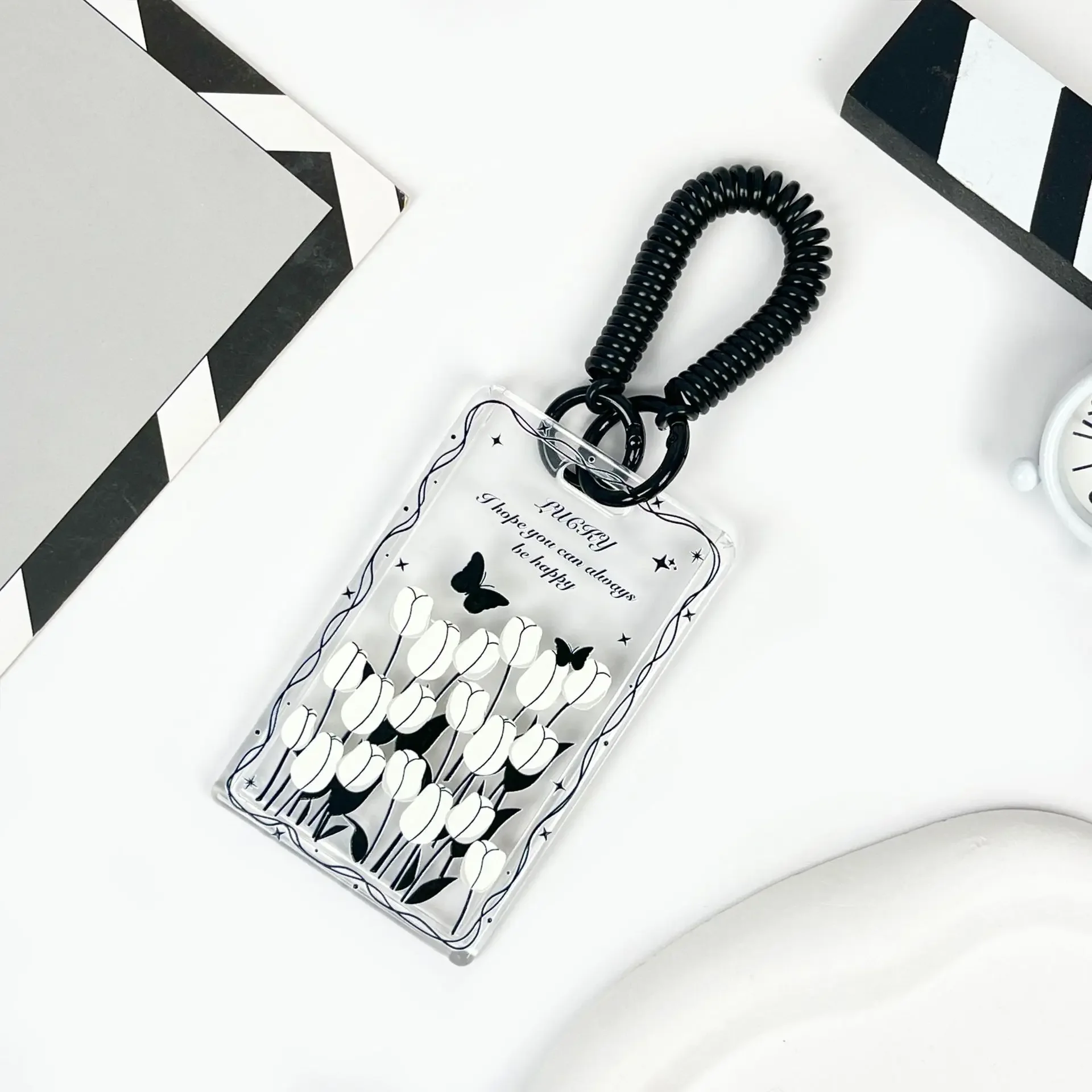 Spring Rope Black Flower Transparent Card Holder Student Card Sleeve Access Control Bus Cards Case Lanyard Covers Id Holder