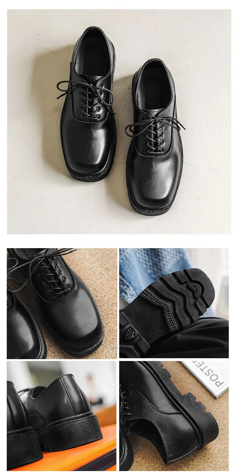 أحذية رجالية رسمية بكعب مسطح ورباط، لون موحد، نعل سميك، تصميم فريد وعصري، أحذية جلدية بأسلوب جديد