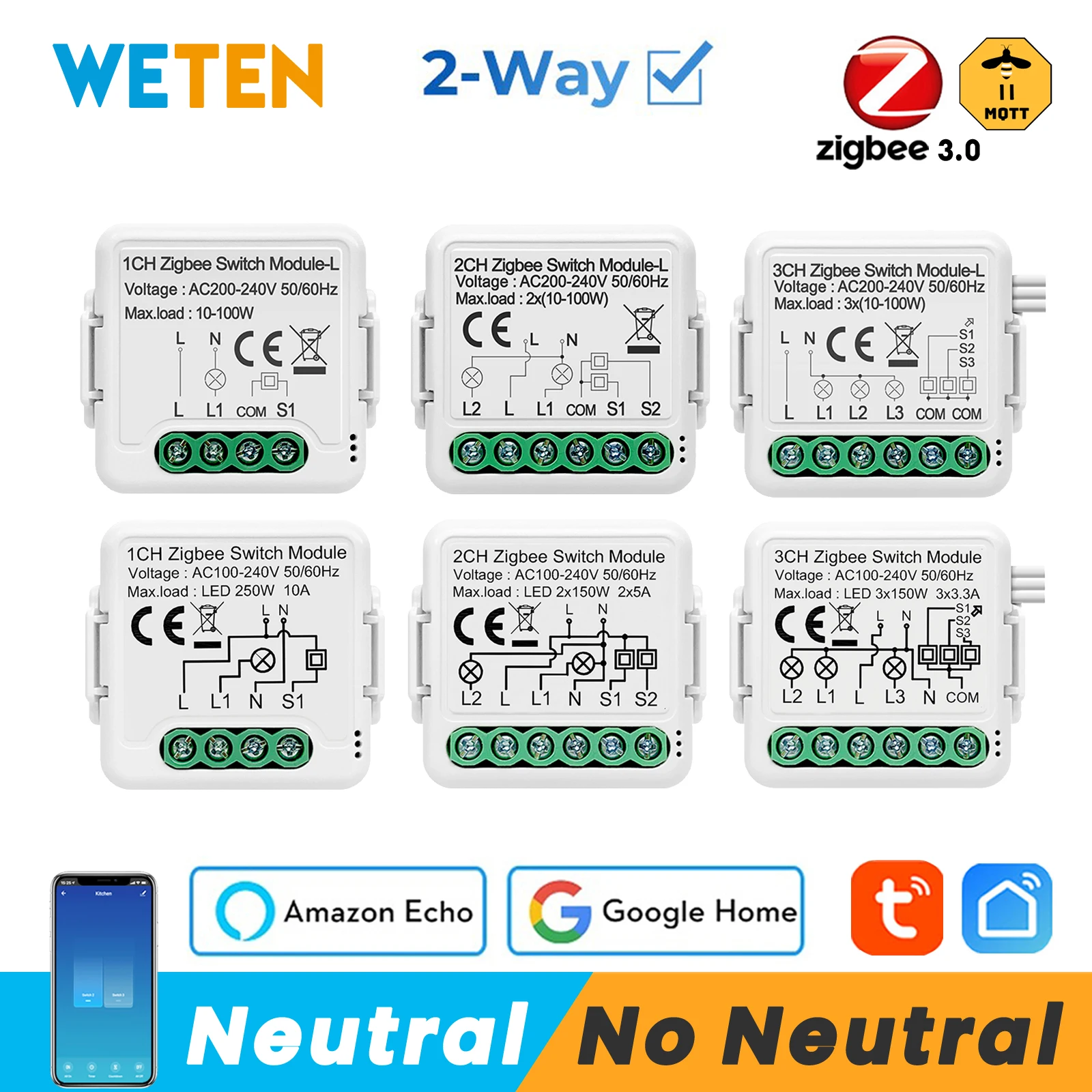 Mini Módulo de interruptor inteligente Tuya Zigbee 3,0, relé sin cable  neutro, Control de 2 vías, 1 2 3 bandas, 110V, 220V, compatible con Alexa y  Google Home - AliExpress