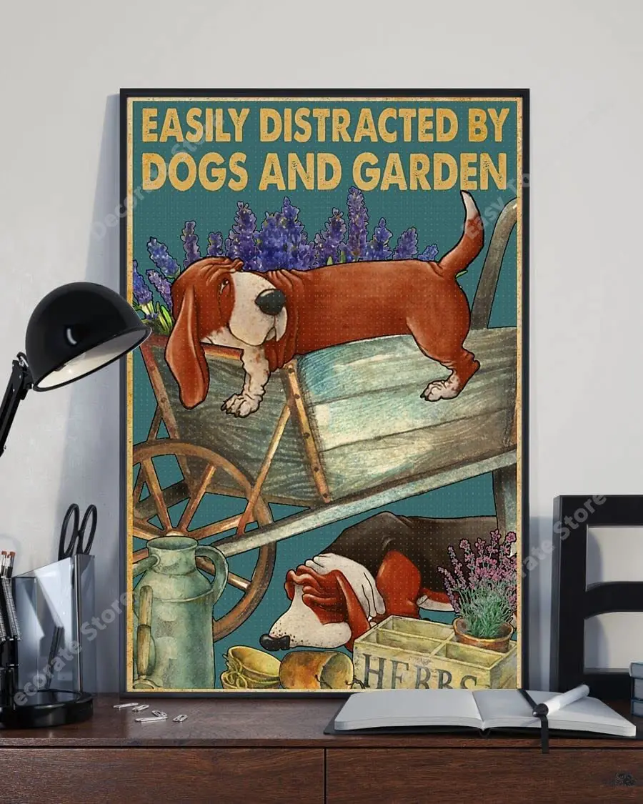 

Metal Tin Sign Dogs And Garden Basset Hound Easily Distracted Aluminum Vintage Sign tin sign Retro for Home Garden