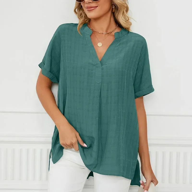 

Solid Casual Loose Blouses For Women Fashion 2023 Summer Women's Oversized V-Neck Shirts And Blouses Elegant Youth Female Tops