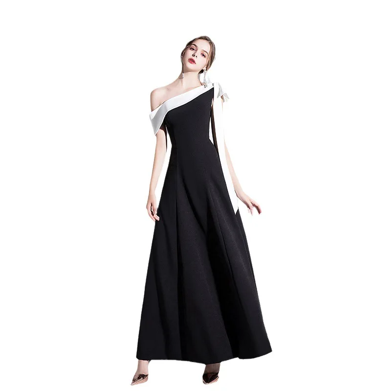LANMU Black Evening Dress Women's New 2024 summer One Shoulder Style Banquet Slim Long Daily Prom Gown Graduation Party Dress