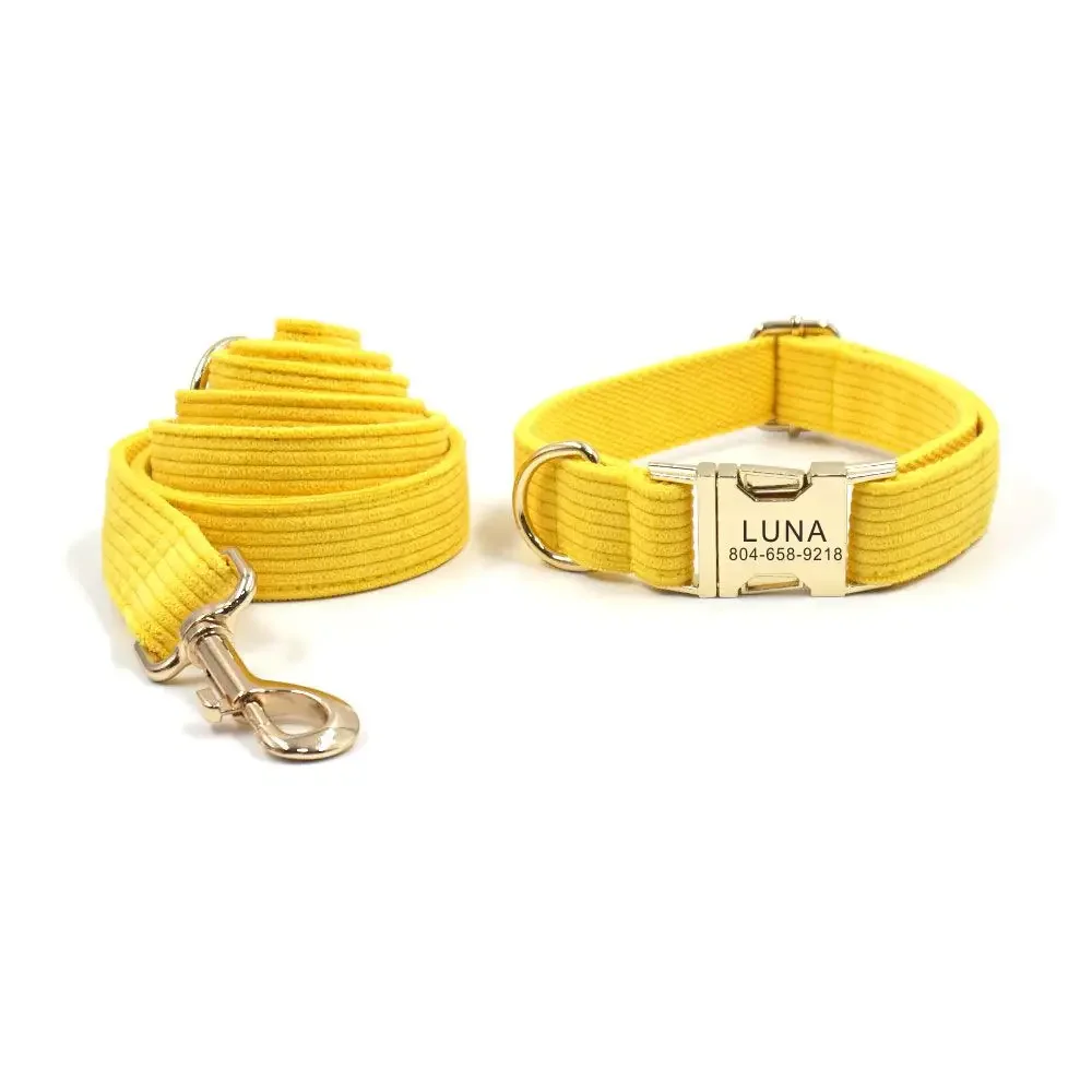 

Personalized Dog Collar Custom Pet Collar Free Engraving ID Name Tag Pet Accessory Yellow Corduroy Fiber Puppy Collar Leash