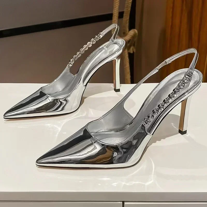 Shiny High Heels Silver Metallic Pumps Back View