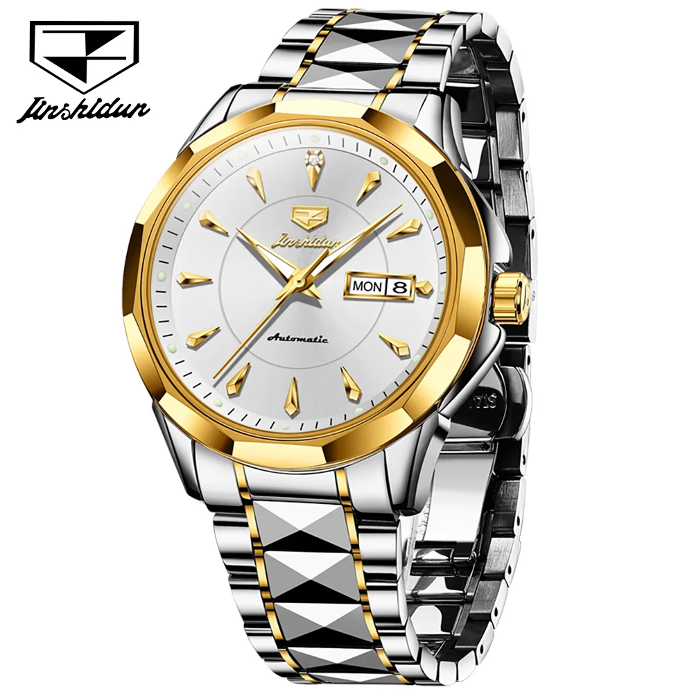JSDUN Original Luxury Men's Automatic Mechanical Watch Tungsten Steel Strap Auto Date Week Clock 5bar Wateproof Watches Men New