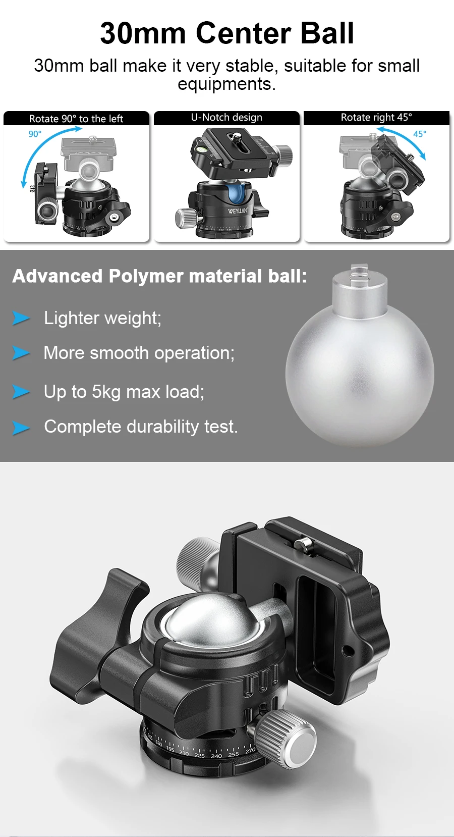 EH30S Tripod Head Universal Ball Head ow Gravity Center 360 Panoramic Video Ball