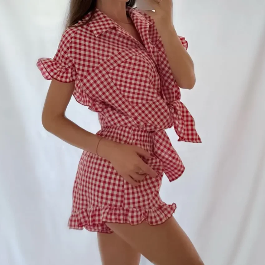 Linad Office Single-Breasted Shirts Elegant Plaid High Waist Shorts With Button Up Shirts 2 Piece Set Street Chic Outfits Summer