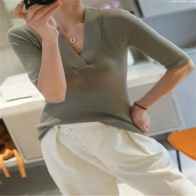 2024 Spring and summer High Quality cashmere Half sleeve Sweater Women Pullover Five-Point Short Sleeve Fashion Knit Female 3