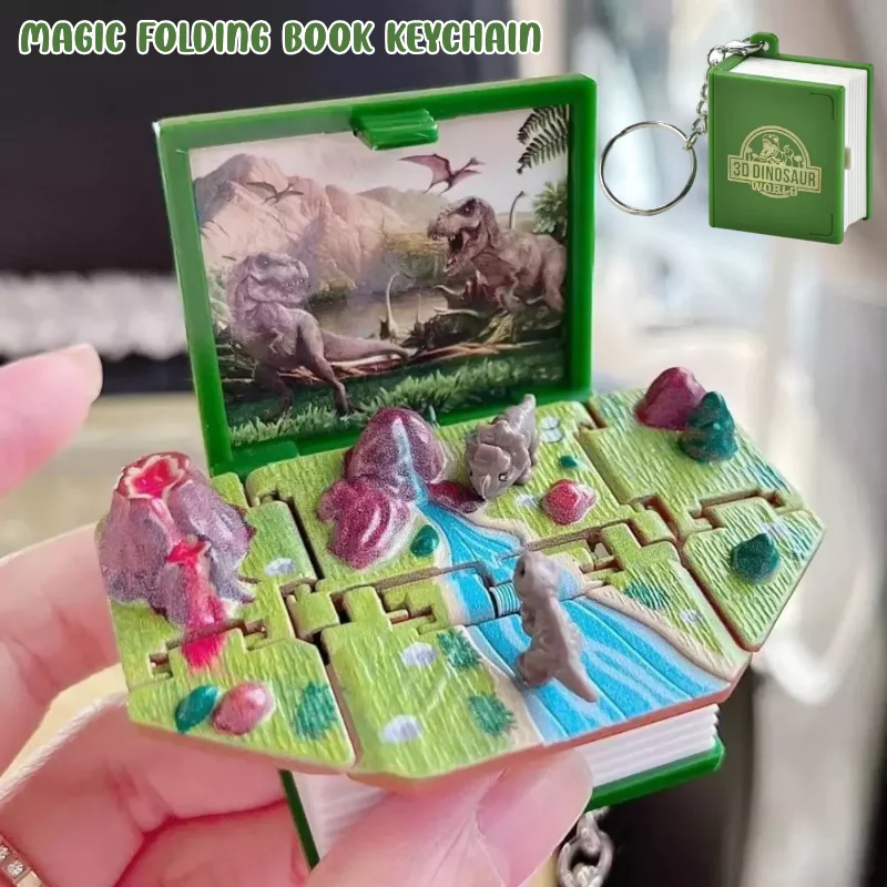 Creative Foldable Magic Book Keychain Handheld Game Pop Up Toys Hidden 3D Dinosaur World Popping Out Box Jack-in-The-Box