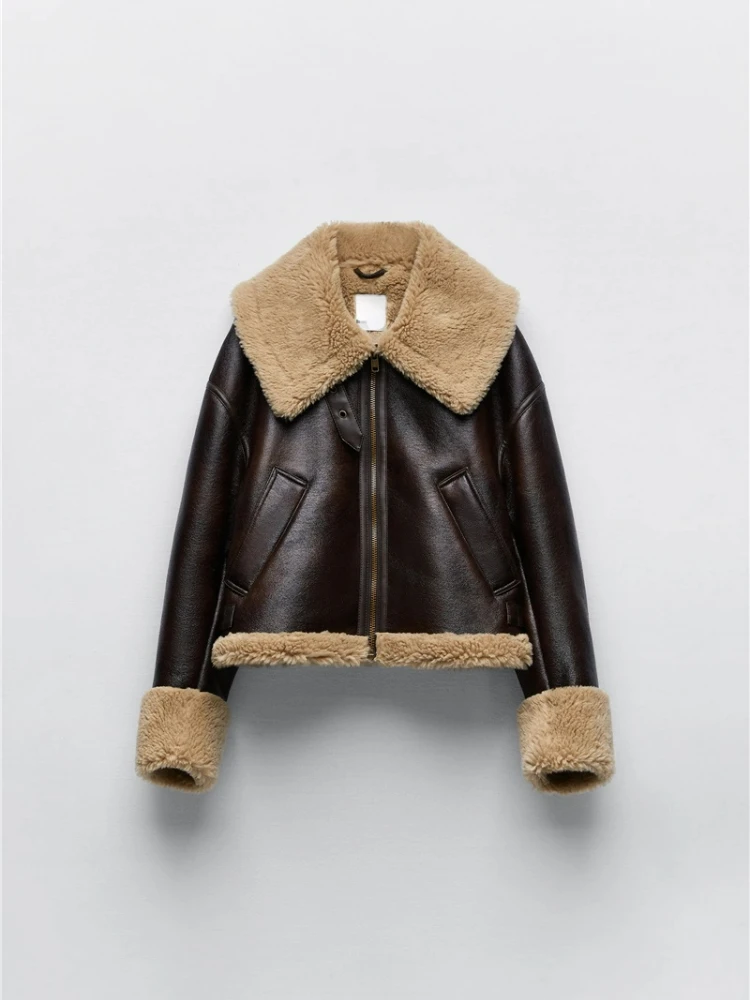 Winter Moto Biker Thick Short Coat Women Streetwear Lapel Zipper Faux Lamb Leather Jacket Lady Warm Pu Outwear  Faux Fur Coat