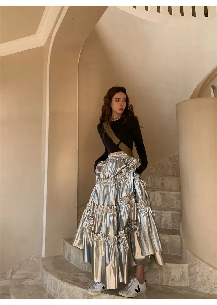 

Y2k Sliver Pleated Skirts Women Korean Fashion High Waist A-Line Skirt French Elegant Ruffles Patckwork female Faldas Aesthetic
