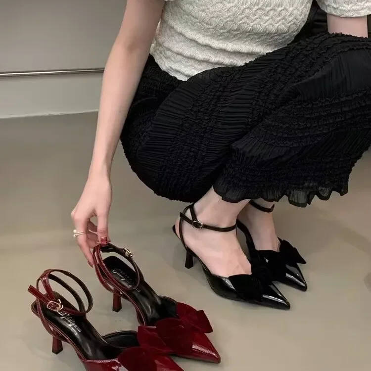 2025 Velvet Bowknot Partent Leather Ankle Strap Women Pumps Pointed Toe Stiletto High Heels Slingbacks Sandals Shoes For Woman 4