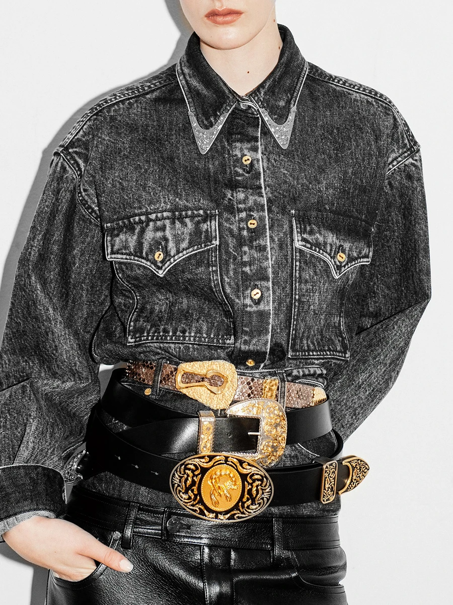 VGH Elegant Black Denim Jacket for Women Lapel Embellished Buttons Dramatic Flare Sleeve Slimming Short Design for Luxury Events