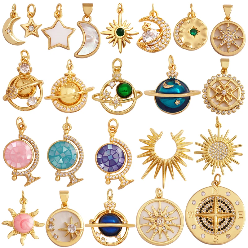 Radiant Celestial Compass Charm Pendant in Gold Finish - Star, Moon, & Sun Design
