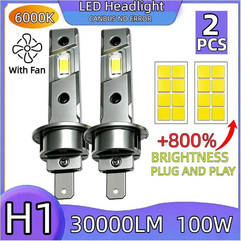 H1 LED 헤드라이트 캔버스 차량용 라이트 30000Lm H3 LED 전구 팬 장착 100W 차량용 라이트 H4 H7 9005 자동차 헤드라이트 터보 라이트 플러그 앤 플레이