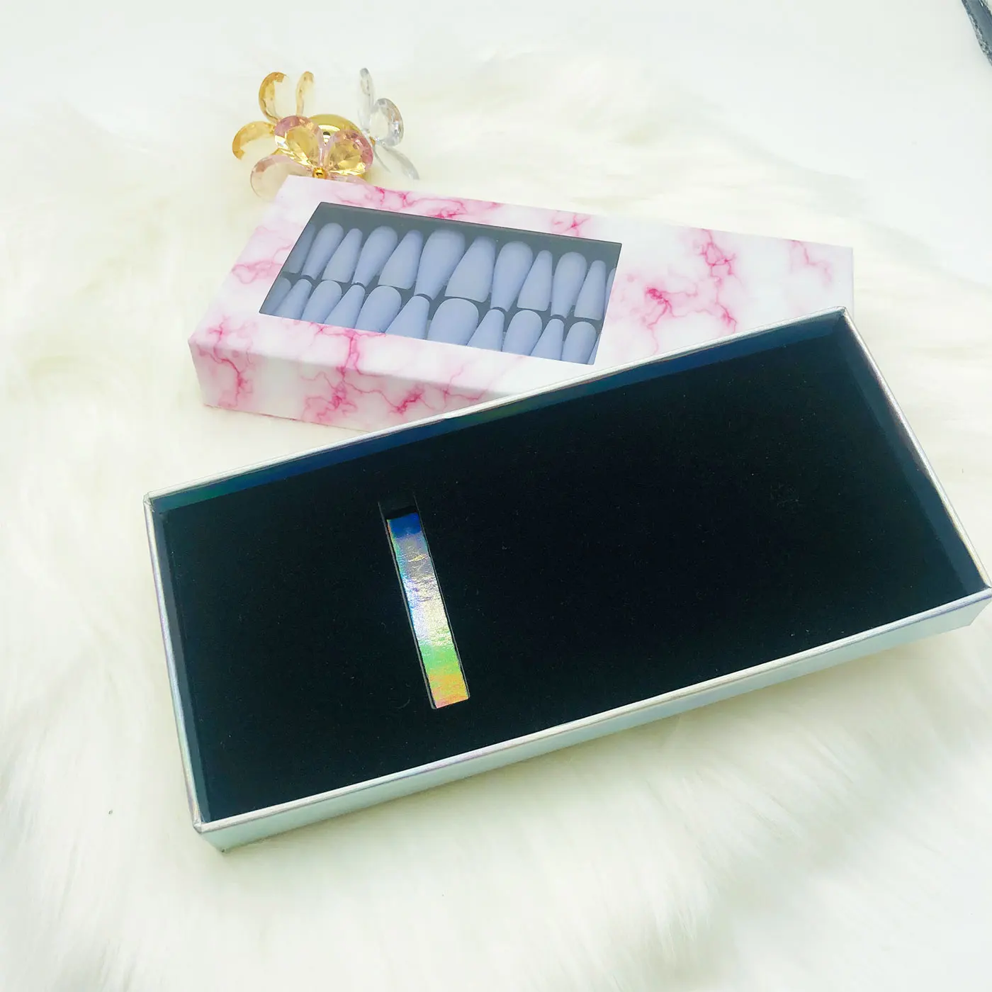 WholesaleLuxury False Nails Packaging Box Rhinestone Decor French Nails Case Csustom Logo Pack Bling Long Coffin Nail Packaging 6