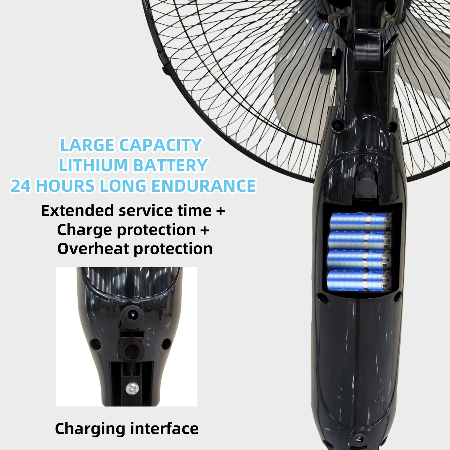 Rechargeable standing fan floor fan with LED night light Built-in lithium battery DC Charging for indoor/outdoor