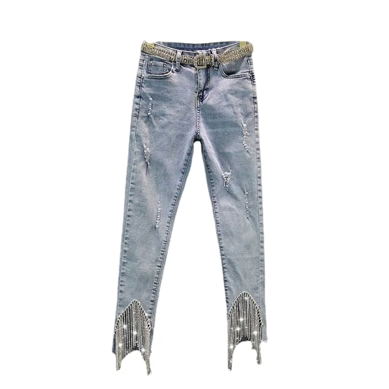 

2024 Summer Skinny Jeans for Women New Street Elastic Slim-Fit High Waist Figure Flattering Rhinestone Tasseled Jeans Pants