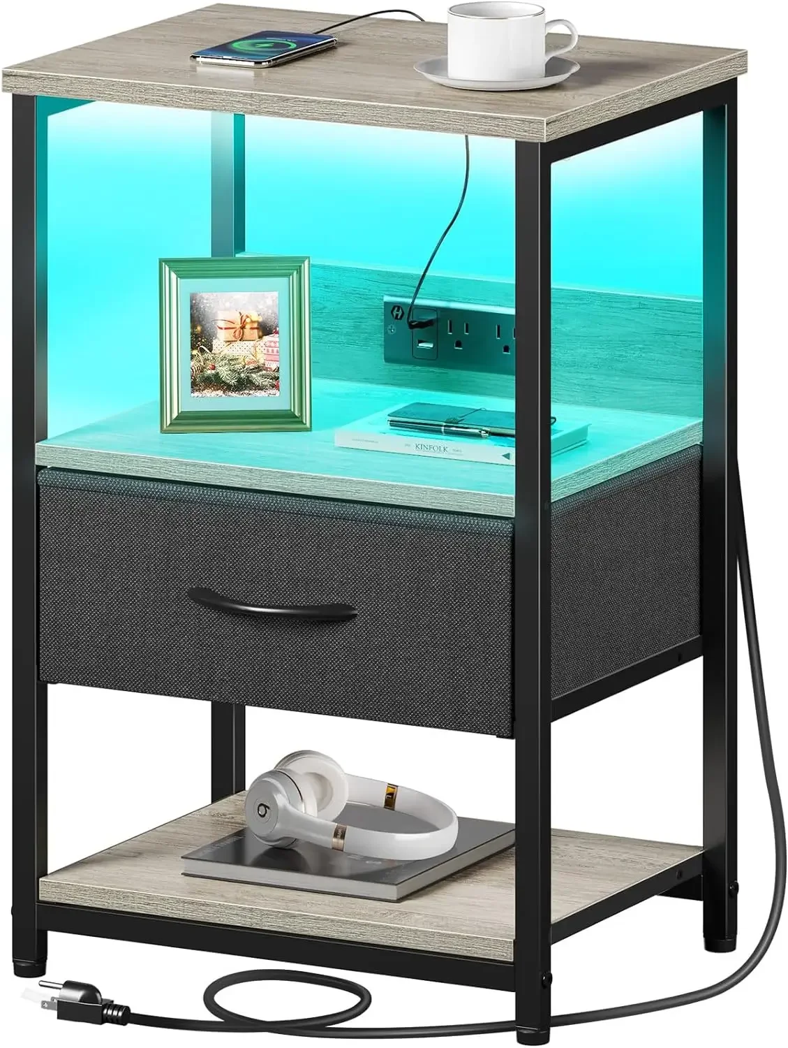 Nightstand Charging Station LED Bedside Table Adjustable Fabric Drawer Night Stand Storage 3-Tier