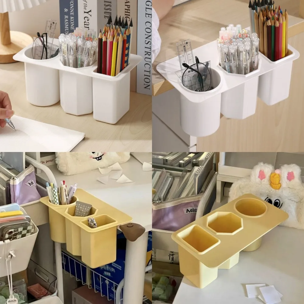 

2 PCS Three Compartment Makeup Brush Organizer Plastic Under Table Hanging Desk Shelf Self Adhesive Saving Place