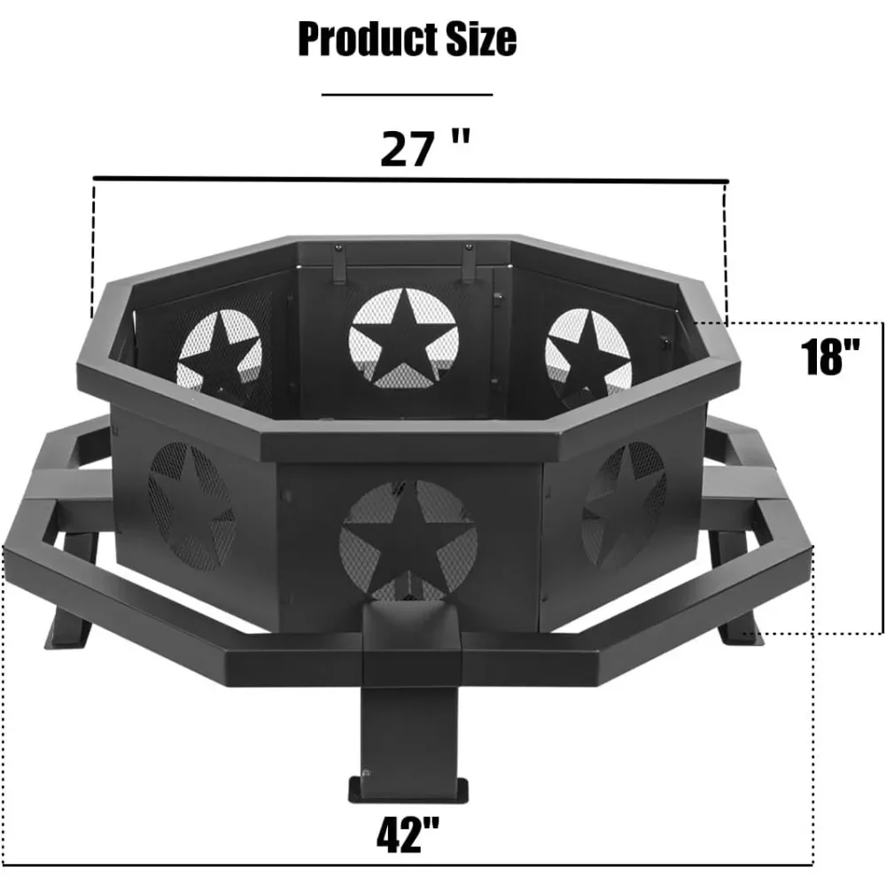 42 inch Fire Pit for Outside, Heavy Duty Wood Burning Fire Pits with Poker, Outdoor Octagonal Firepit for Camping, Yard, Pa